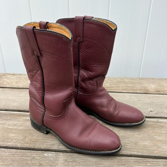 Vintage 80s Acme Boots Burgundy Roper Pull On Cowgirl Boots 7 1/2M - Picture 1 of 8